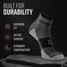 MudGear Quarter Crew Socks in gray and black shown on stone with feature callouts
