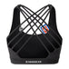 Black women's sports bra with criss-cross strappy back and hidden pockets, back view