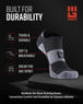 MudGear No-Show Running Socks in black and gray, displayed on rock with feature callouts