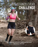 Woman trail running in pink sports bra and black compression shorts with calf socks on forest path