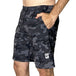 Men's black and gray camo freestyle running shorts with side pockets and drawstring