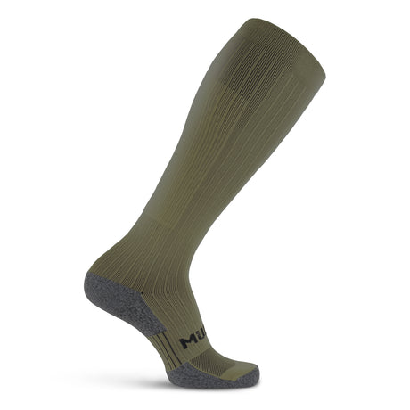 Tall compression sock in olive drab green with dark gray heel and toe reinforcement