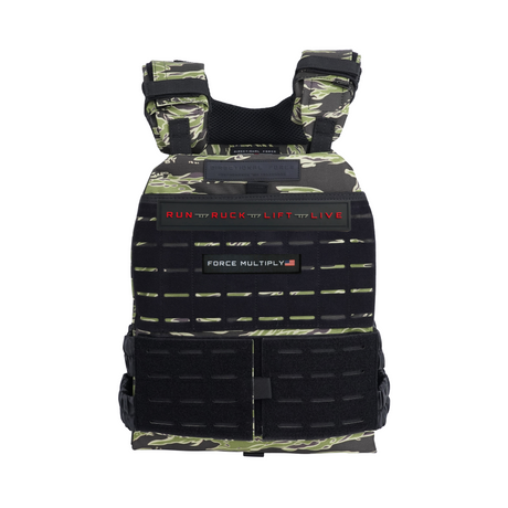 Directional Force Centurion weight vest in Phoenix Tiger Stripe camo with black and neon yellow molle webbing and shoulder padding
