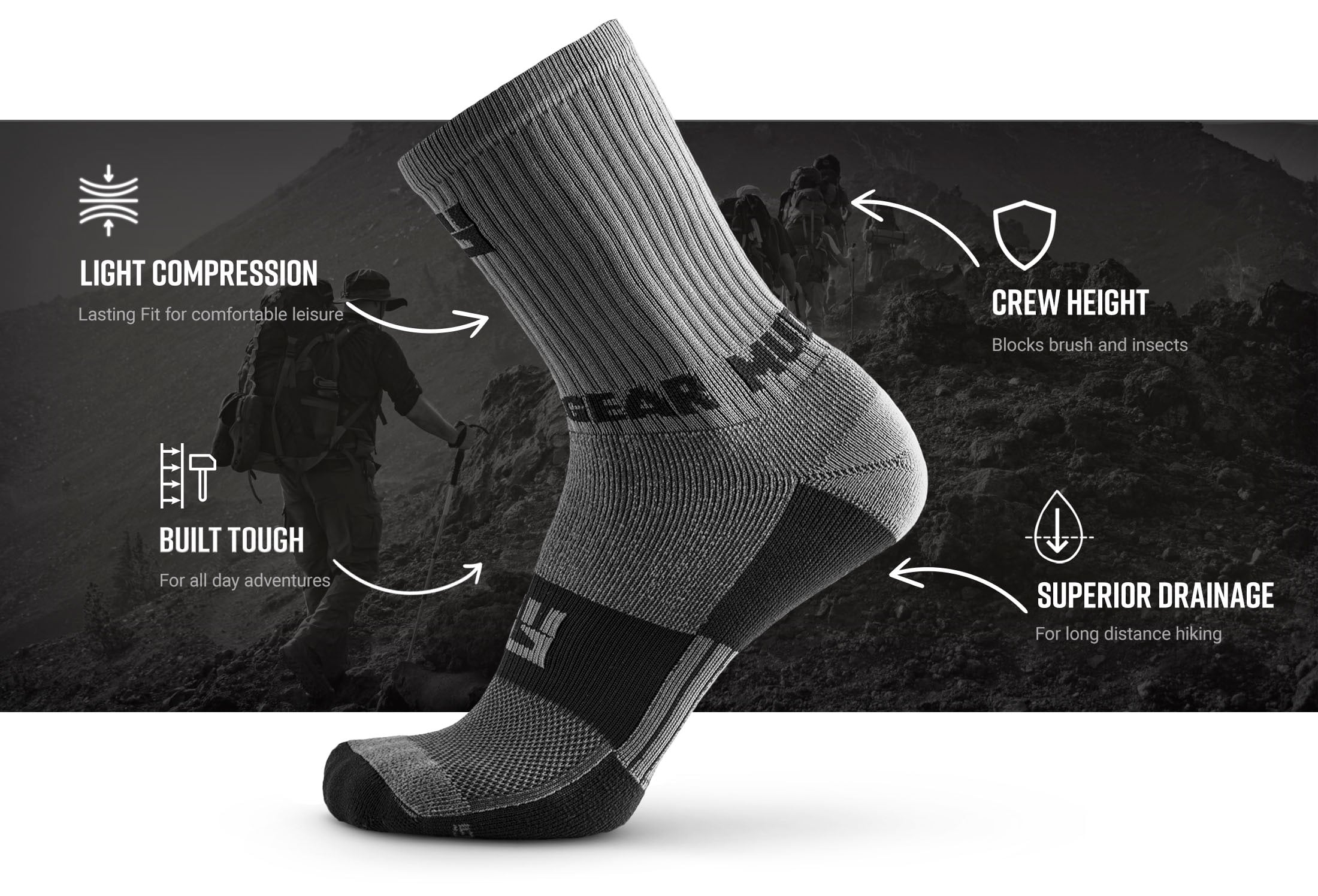MudGear Gray Hiking socks infographics for website — product features infographic