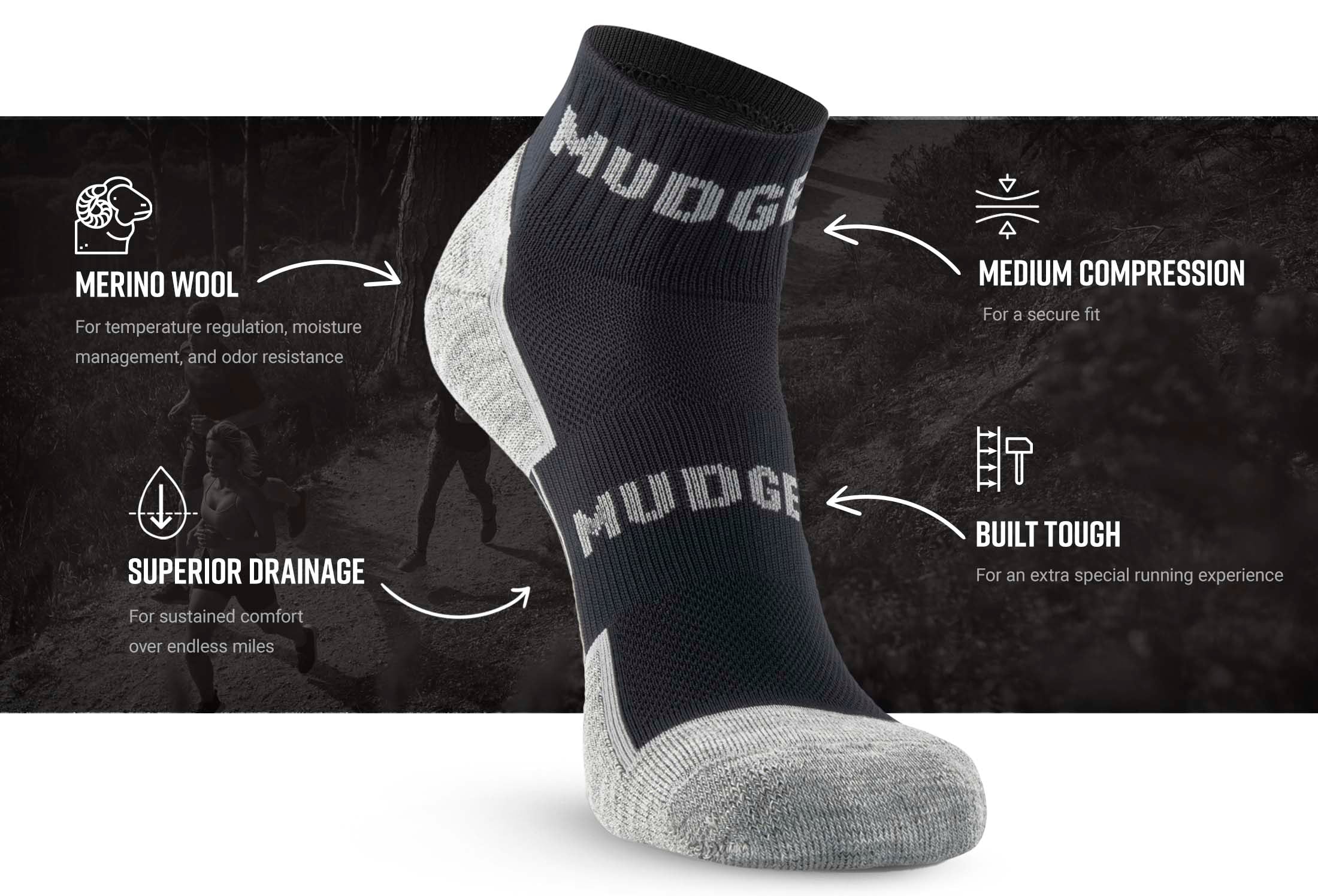 MUDGEAR QUARTER (¼) CREW MERINO WOOL SOCKS Infographics — product features infographic