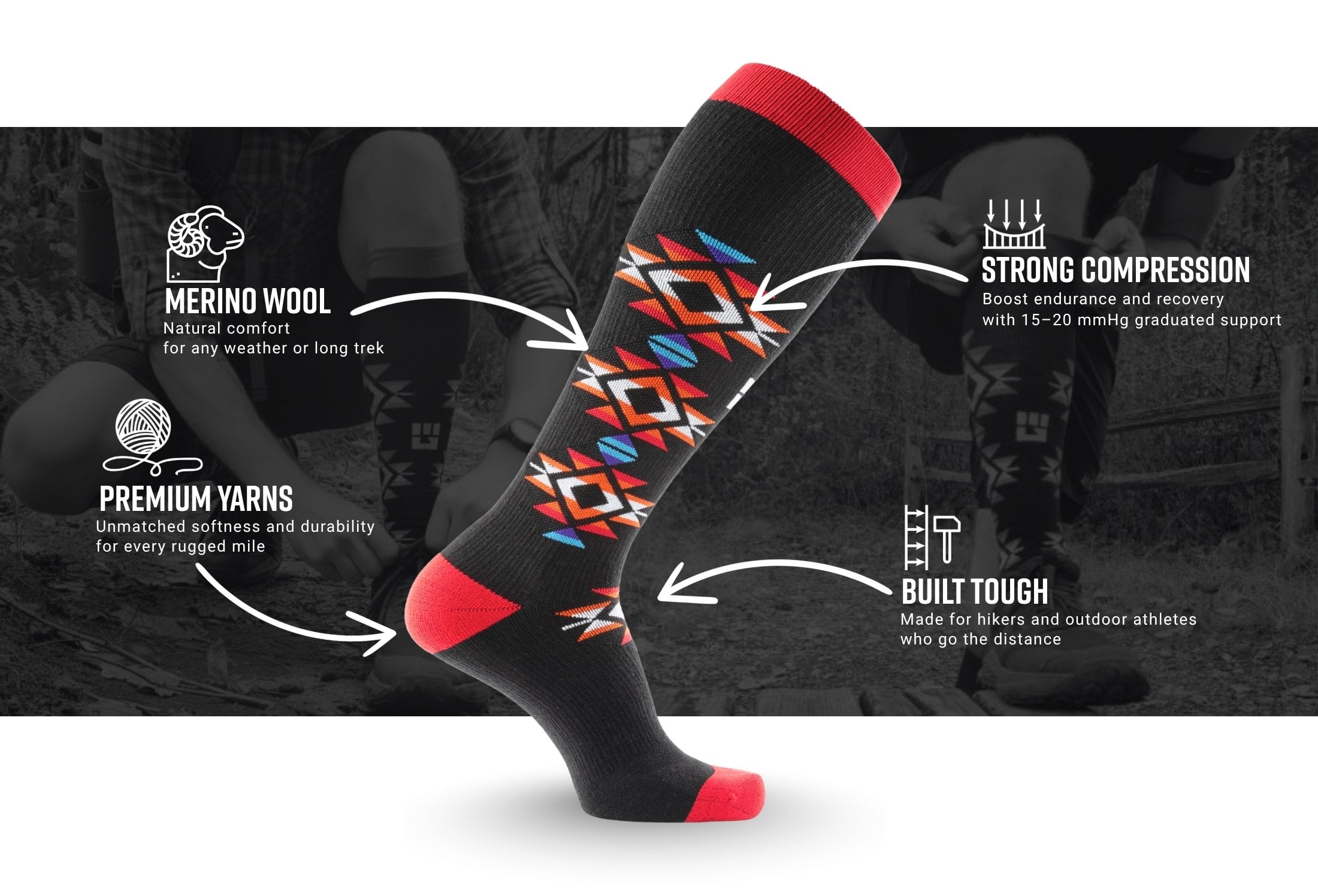 MudGear Mesa Horizon Tall Compression Socks Black Red Infographics — product features infographic