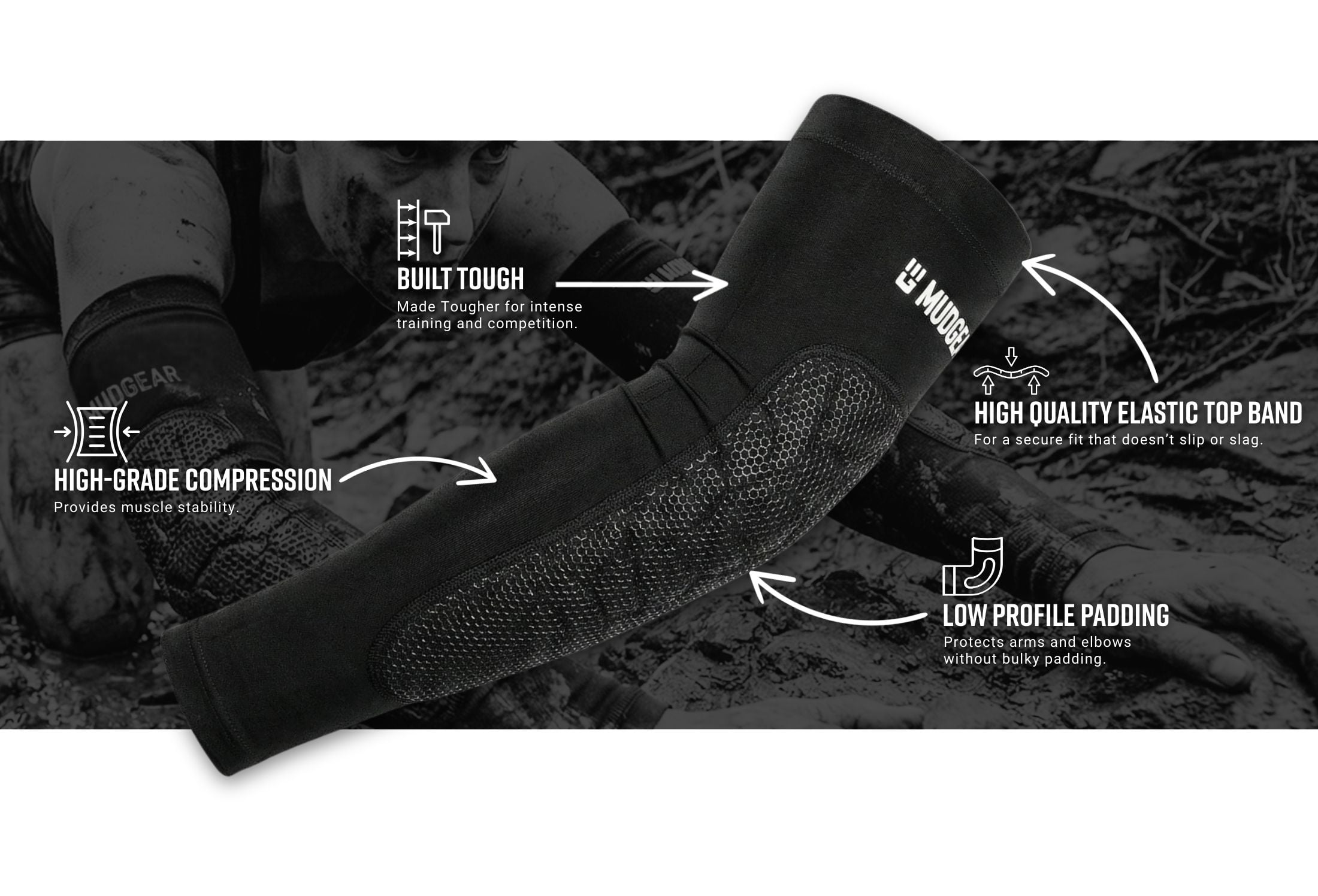 MudGear New Padded Arm Sleeves website Infographics — product features infographic