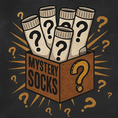 MudGear Mystery Socks illustrated in cream with question marks, emerging from brown box