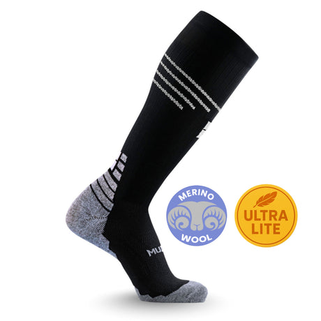 Black over-the-calf compression sock with gray heel and toe, MudGear UltraLight Marathon design