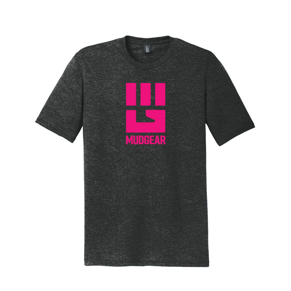 Charcoal heather tri-blend tee with hot pink MudGear fist logo on chest