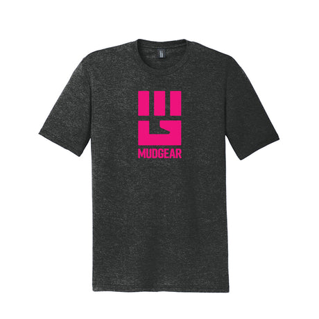 Charcoal heather tri-blend tee with hot pink MudGear fist logo on chest