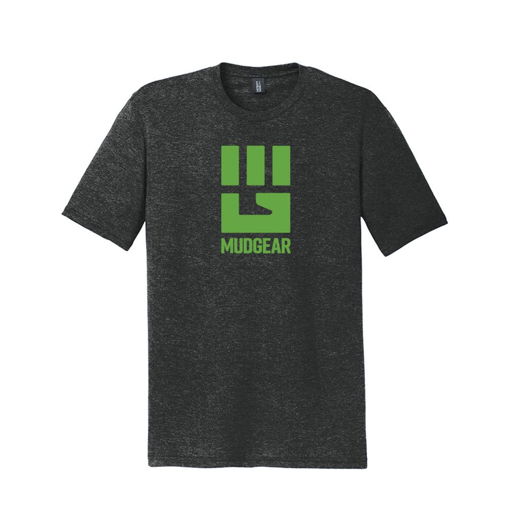 Charcoal tri-blend tee with lime green MudGear fist logo and text on chest