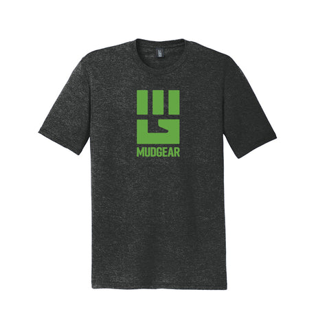 Charcoal tri-blend tee with lime green MudGear fist logo and text on chest