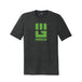 Charcoal tri-blend tee with lime green MudGear fist logo and text on chest