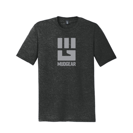 Charcoal gray tri-blend t-shirt with gray MudGear fist logo and text on chest