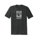 Charcoal gray tri-blend t-shirt with gray MudGear fist logo and text on chest