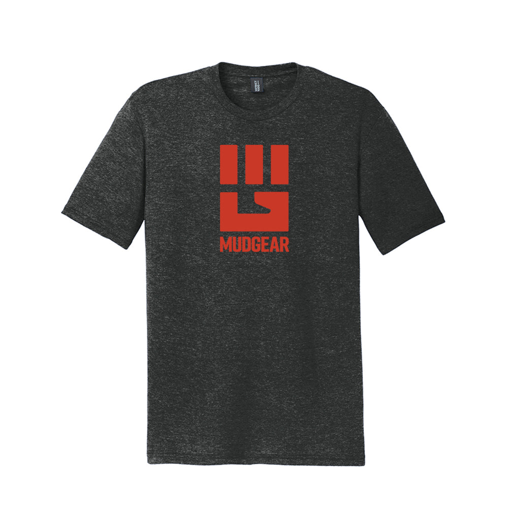 Charcoal tri-blend tee with orange MudGear fist logo on chest