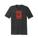 Charcoal tri-blend tee with orange MudGear fist logo on chest