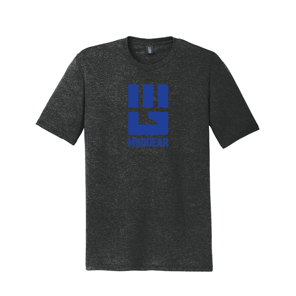 Charcoal tri-blend t-shirt with royal blue MudGear fist logo on chest