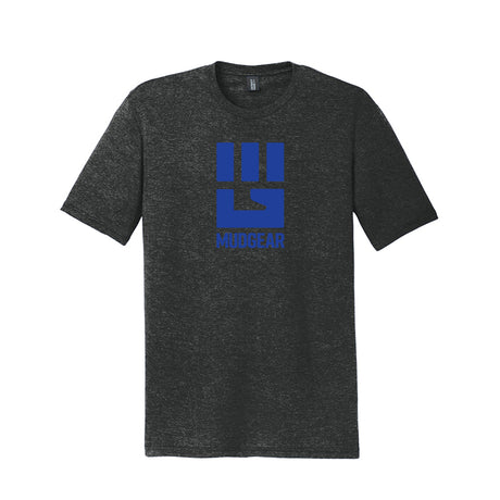 Charcoal tri-blend t-shirt with royal blue MudGear fist logo on chest