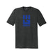 Charcoal tri-blend t-shirt with royal blue MudGear fist logo on chest