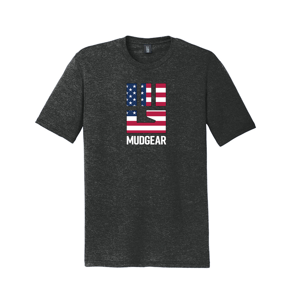 Charcoal tri-blend tee with MudGear fist logo in USA flag pattern