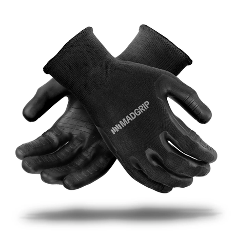 Black MadGrips obstacle race gloves with padded palms and rubber grip