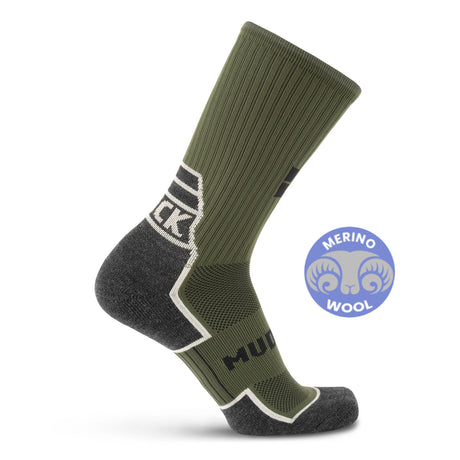 MudGear Ruck Sock in Army Green with charcoal heel and toe, merino wool tag visible