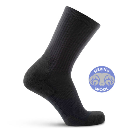 Black merino wool ruck sock with cushioned sole and mesh venting on white background