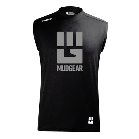 Black MudGear Performance sleeveless shirt with gray fist logo on chest