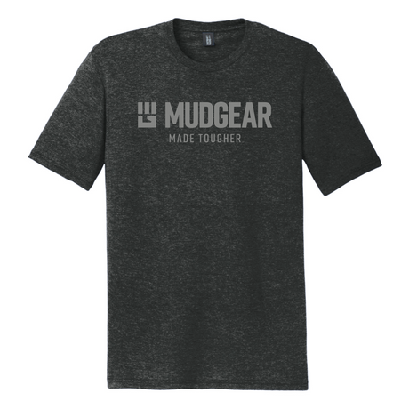 Charcoal heathered tri-blend t-shirt with MudGear Made Tougher logo in light gray