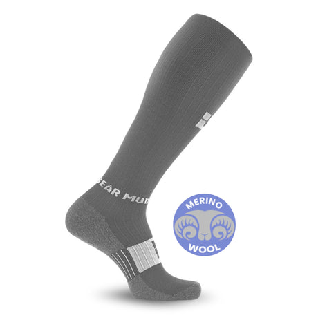 Gray tall compression merino wool socks with light gray cuff displayed against white background