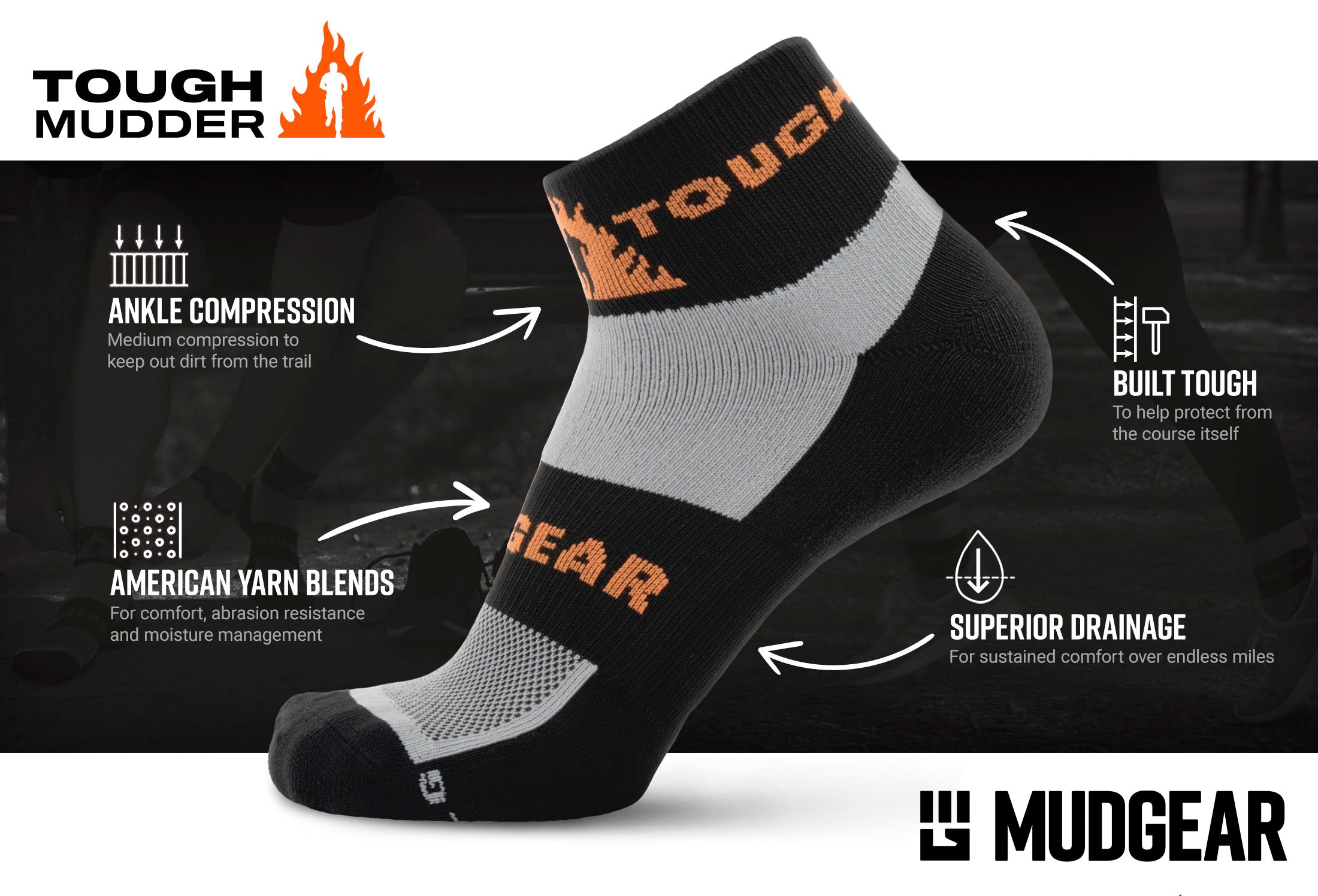 MudGear Tough Mudder Quarter Crew Socks Infographics compressed — product features infographic