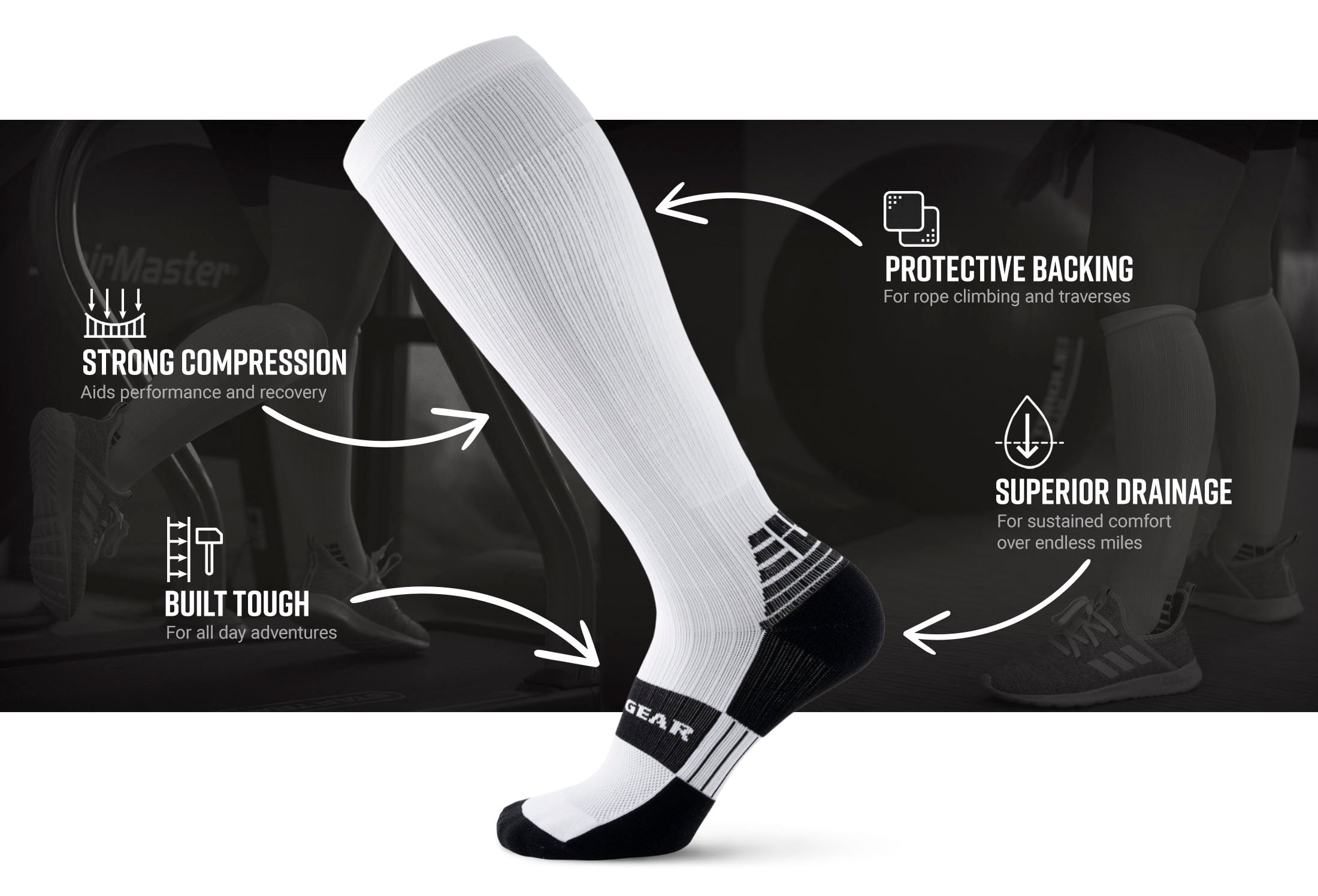 MudGear White Tall Compression sock — product features infographic
