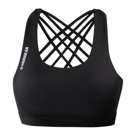 Black women's sports bra with criss-cross strappy back and medium scoop neckline, front view