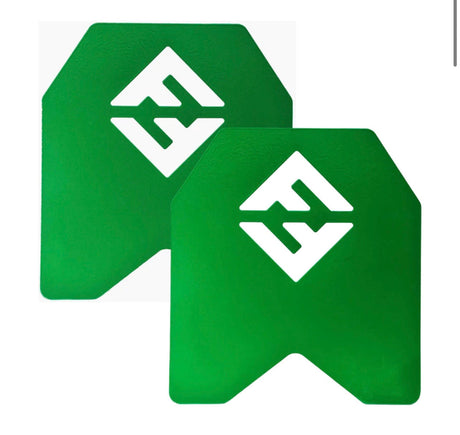 Pair of green powder-coated steel weight vest plates with white MudGear logo