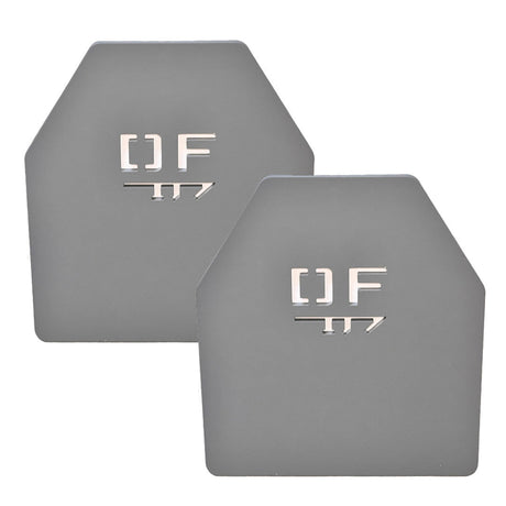 Pair of gray powder-coated weight vest plates with DF laser-cut logo, 8.75 lb each