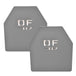 Pair of gray powder-coated weight vest plates with DF laser-cut logo, 8.75 lb each