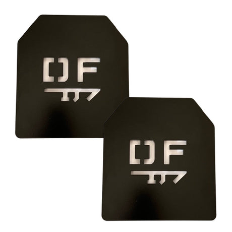 Pair of black powder-coated weight vest plates with DF logo cutout