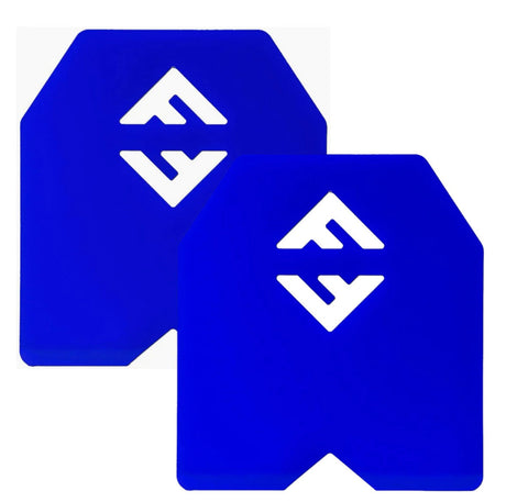 Pair of blue powder-coated steel weight vest plates with diamond logo cutout