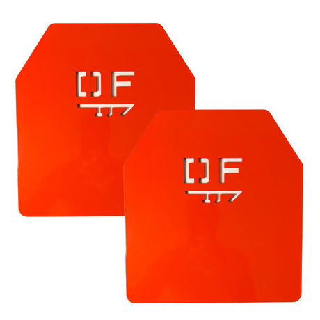 Pair of Directional Force 10 LB weight vest plates in orange with laser-cut logo