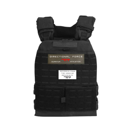 Black Directional Force Quantum Athletics Centurion Weight Vest displayed flat front view with shoulder straps and weighted plate pockets