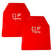 Pair of red powder coated steel weight vest plates with DF logo cutouts