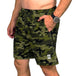 Men's green camo running shorts with drawstring waistband and side pocket