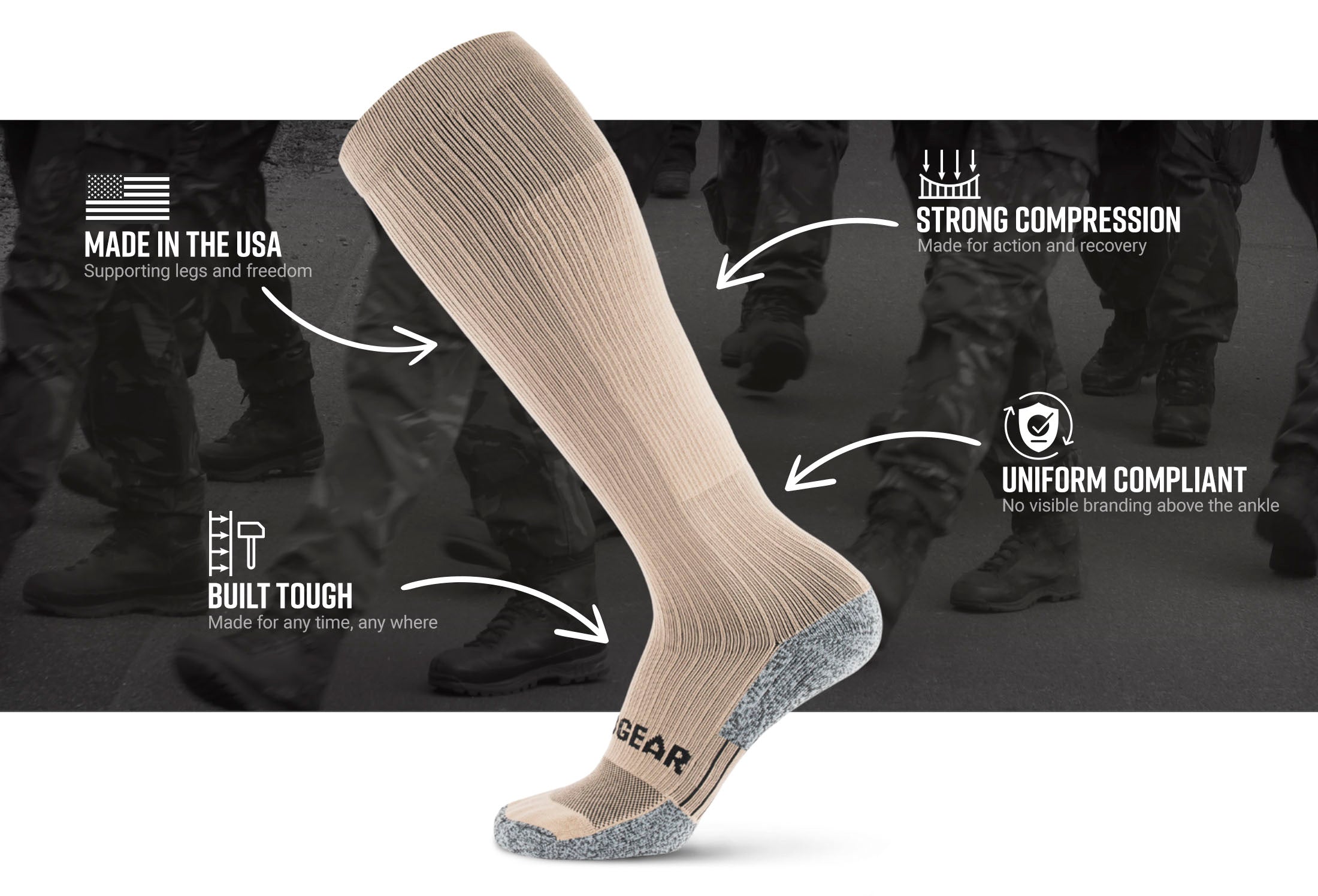 mudgear tall compression socks tactical tan website infographics — product features infographic