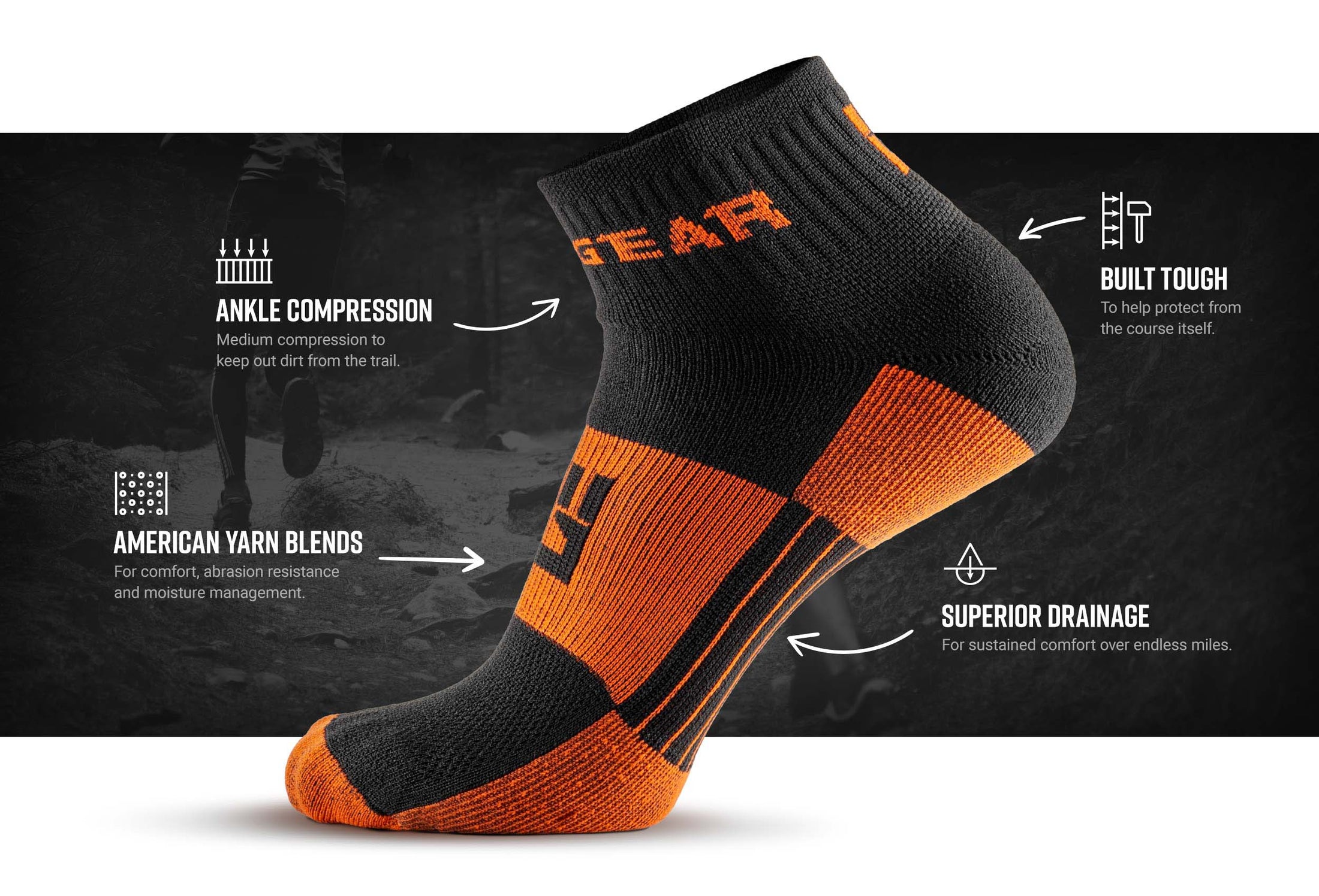 mudgear trail sock orange technical infography removed whole — product features infographic