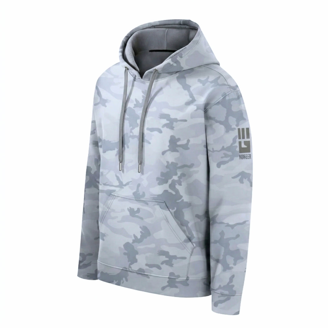 Light gray camo MudGear All-Weather Warrior Hoodie with drawstring hood and front pocket