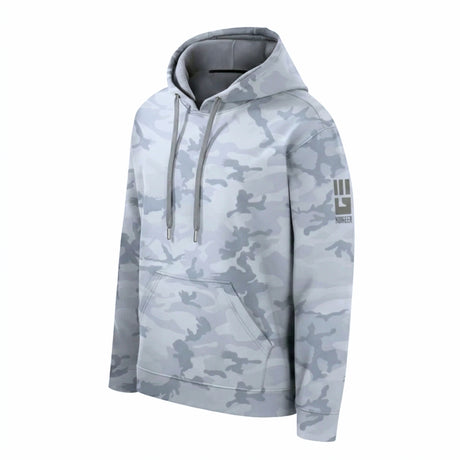 Light gray camo MudGear All-Weather Warrior Hoodie with drawstring hood and front pocket