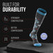 MudGear Mesa Horizon gray and blue tall compression socks displayed on rock with merino wool badge