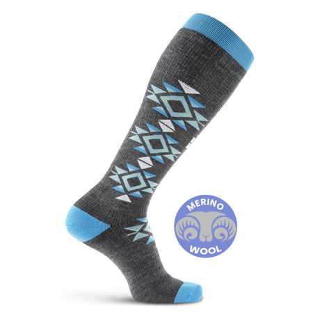 Mesa Horizon tall compression socks in gray and blue with geometric pattern and merino wool tag